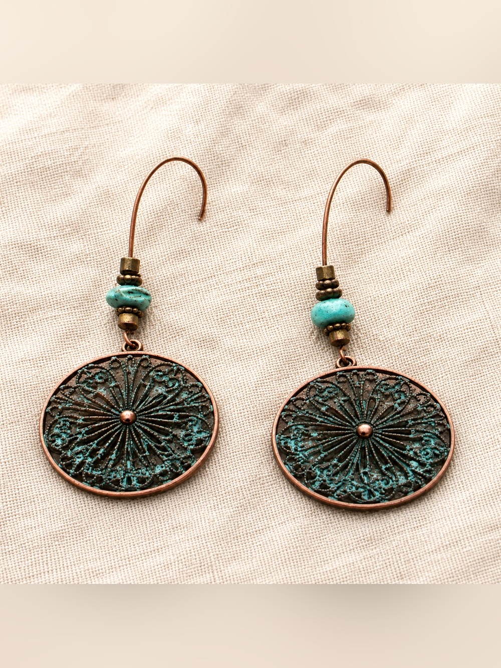 Turquoise Patina Copper Medallion Drop Earrings - Women Jewelry